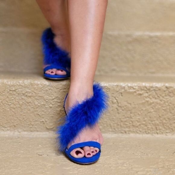 Blue Feathered Fringe Open Toe Single Sole Heels - Picture 6 of 9